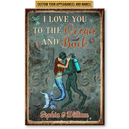 Scuba Diving And Mermaid Couple I Love You To The Ocean And Back Custom Poster, Couple Gift, Wall Art For Couple