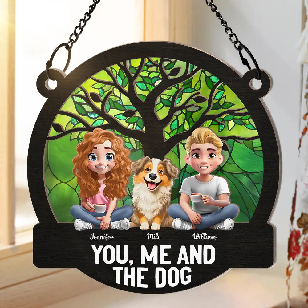 Gift For Couples, Gift For Husband, Gift For Wife, Gift For Boyfriend, Gift For Girlfriend, Dog Lovers, Pet Lovers, Dog Couple, Pet Couple, Love - Seasons Of The Year You, Me And The Dog - Personalized Window Hanging Suncatcher Ornament