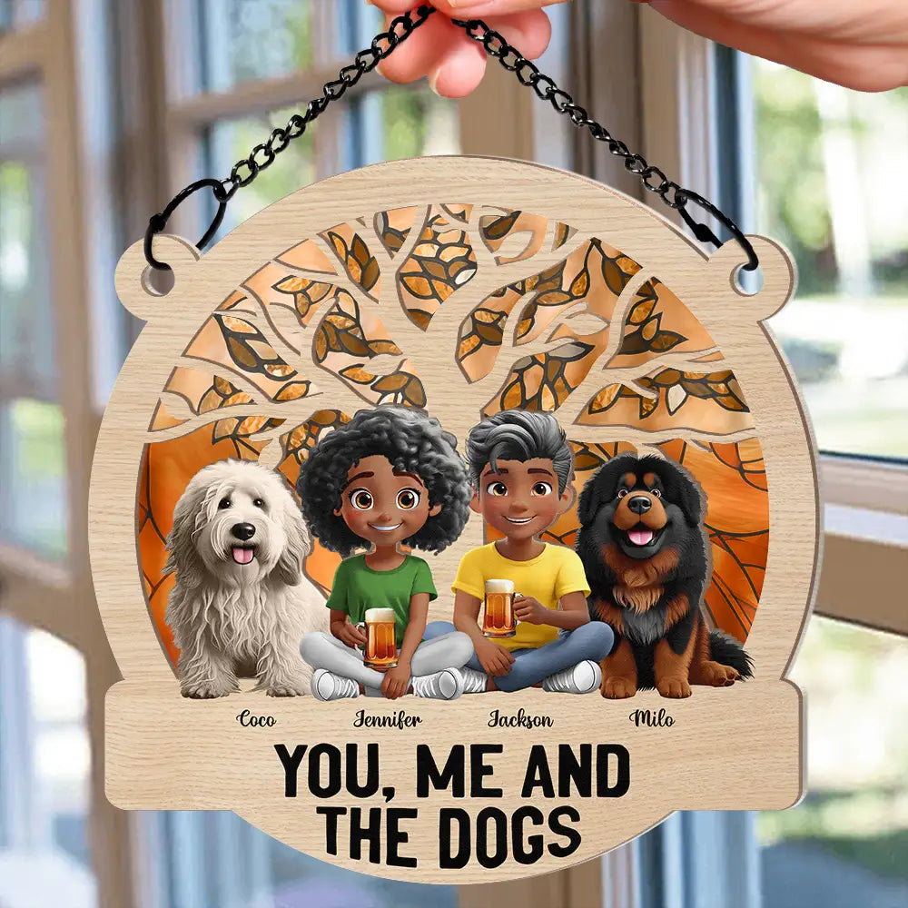 Gift For Couples, Gift For Husband, Gift For Wife, Gift For Boyfriend, Gift For Girlfriend, Dog Lovers, Pet Lovers, Dog Couple, Pet Couple, Love - Seasons Of The Year You, Me And The Dog - Personalized Window Hanging Suncatcher Ornament