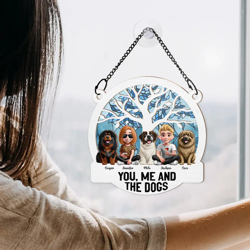 Gift For Couples, Gift For Husband, Gift For Wife, Gift For Boyfriend, Gift For Girlfriend, Dog Lovers, Pet Lovers, Dog Couple, Pet Couple, Love - Seasons Of The Year You, Me And The Dog - Personalized Window Hanging Suncatcher Ornament