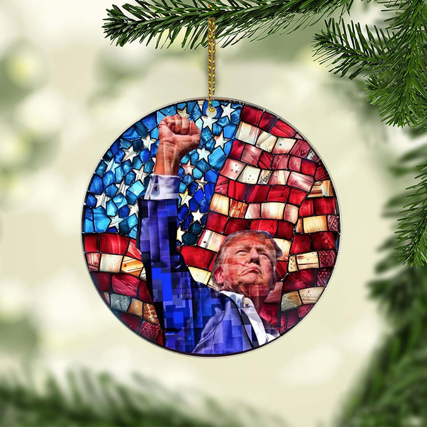 Trump with Raised Fist Stained Glass Acrylic Ornament, Trump Ornament Gift, Trump 45 47 President Ornament, Trump Won Ornament M1797 - GOP