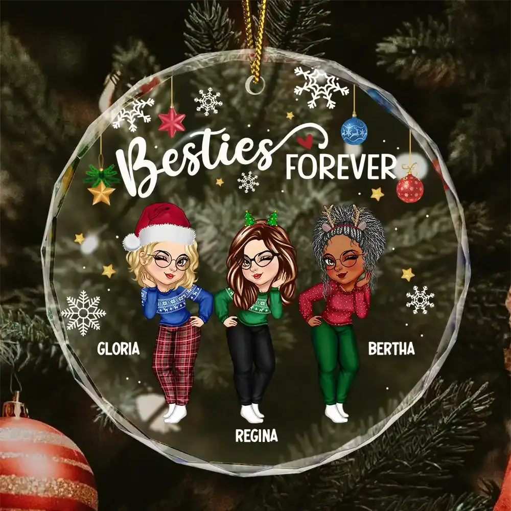 Sisters Besties Forever Christmas - Personalized Circle Glass Ornament ornament The Next Custom Gift