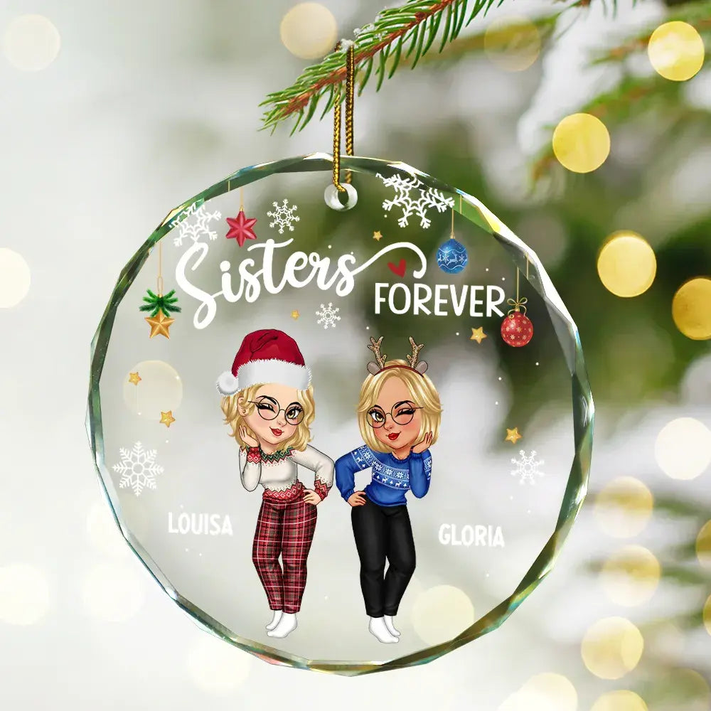 Sisters Besties Forever Christmas - Personalized Circle Glass Ornament ornament The Next Custom Gift