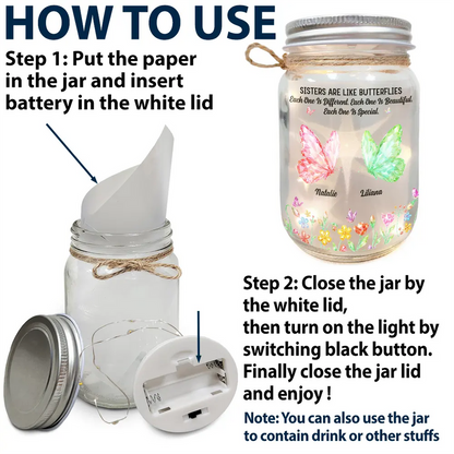 Sisters Are Like Butterflies Crystal Effect - Personalized Mason Jar Light