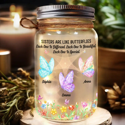 Sisters Are Like Butterflies Crystal Effect - Personalized Mason Jar Light