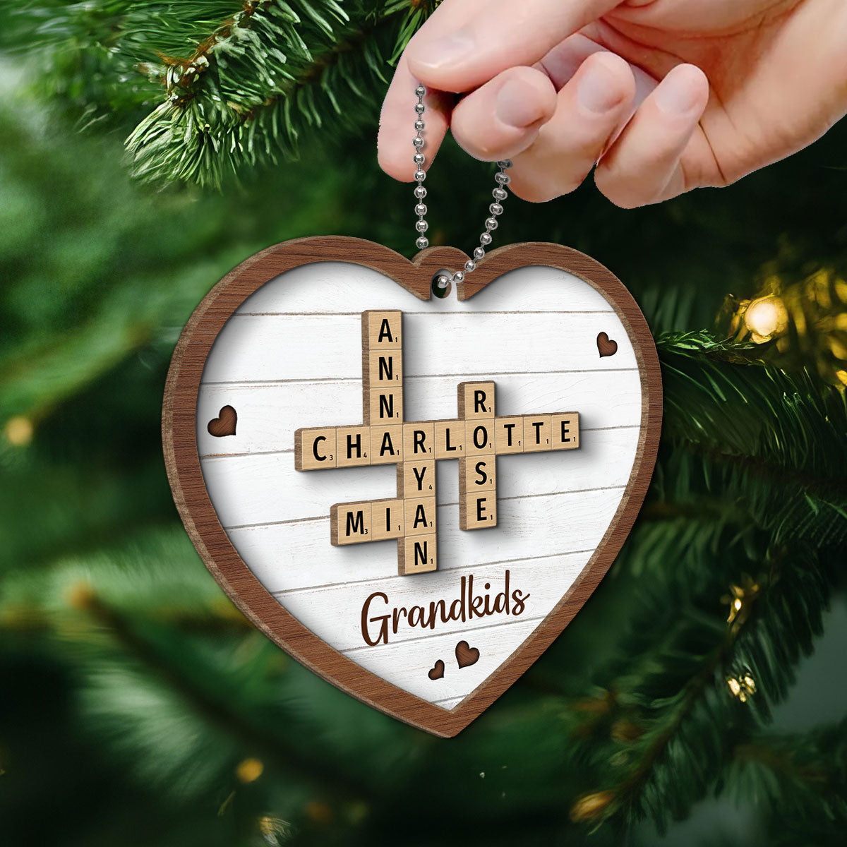 Grandkids Crossword Puzzle Art Personalized Heart Shaped 2-Layer Wooden Ornament, Christmas Gift For Grandma, Gift For Mom