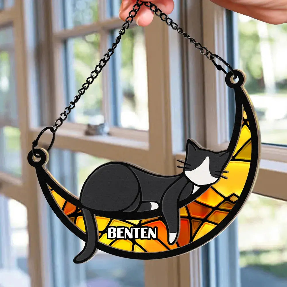 Sleeping Cat On Moon - Personalized Window Hanging Suncatcher Ornament Hanging Suncatcher Ornament The Next Custom Gift