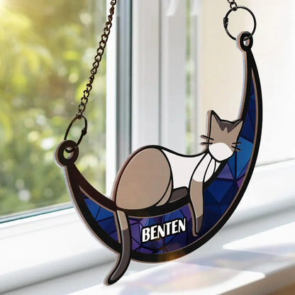 Sleeping Cat On Moon - Personalized Window Hanging Suncatcher Ornament Hanging Suncatcher Ornament The Next Custom Gift