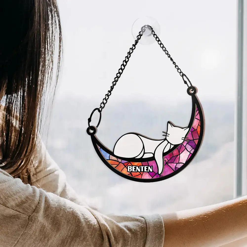 Sleeping Cat On Moon - Personalized Window Hanging Suncatcher Ornament Hanging Suncatcher Ornament The Next Custom Gift