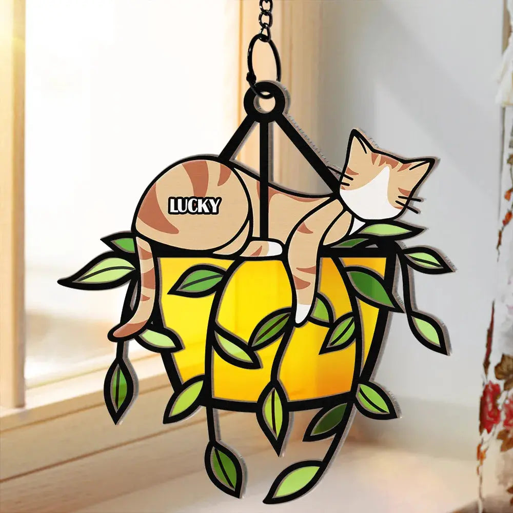 Sleeping Cat On Plant Pot - Personalized Window Hanging Suncatcher Ornament Hanging Suncatcher Ornament The Next Custom Gift