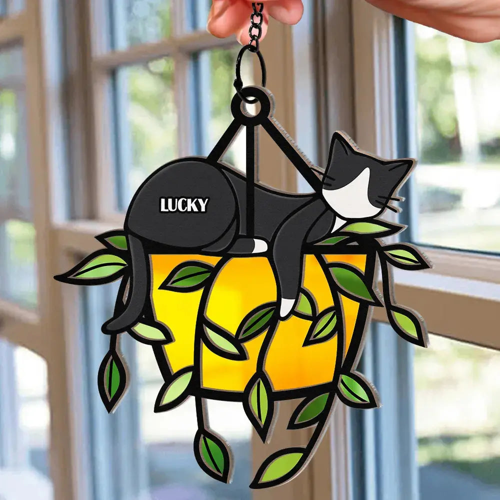 Sleeping Cat On Plant Pot - Personalized Window Hanging Suncatcher Ornament Hanging Suncatcher Ornament The Next Custom Gift