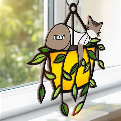 Sleeping Cat On Plant Pot - Personalized Window Hanging Suncatcher Ornament Hanging Suncatcher Ornament The Next Custom Gift