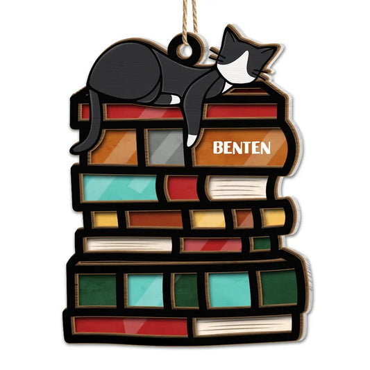 Sleeping Cat On The Books - Personalized Suncatcher Ornament Hanging Suncatcher Ornament The Next Custom Gift