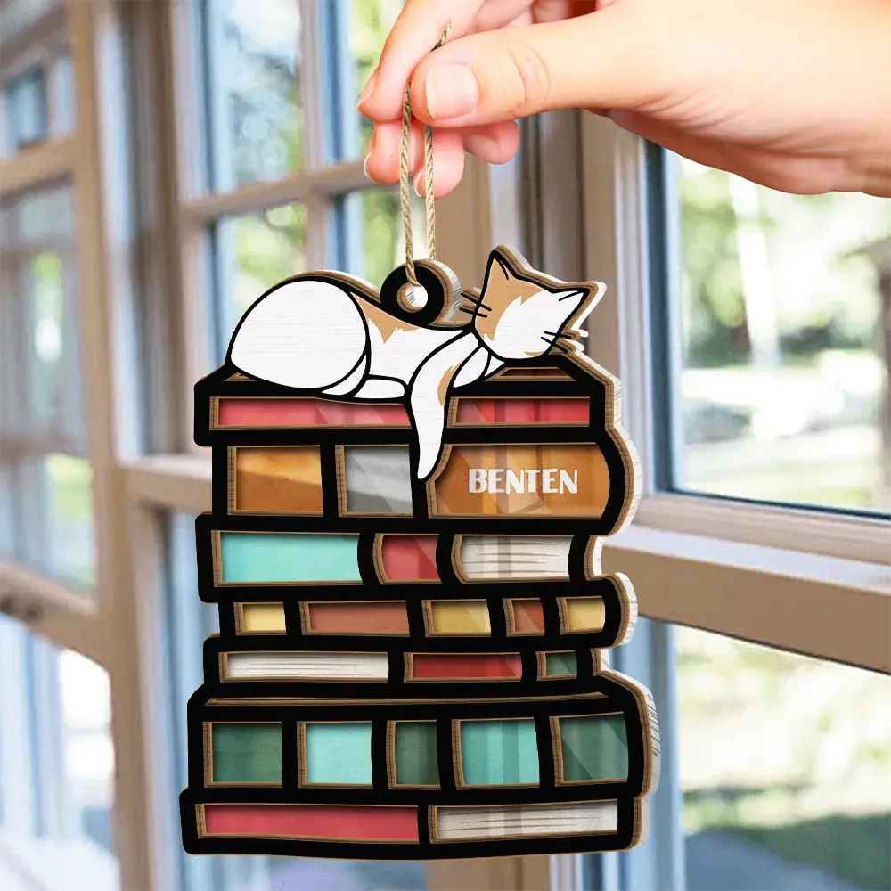 Sleeping Cat On The Books - Personalized Suncatcher Ornament Hanging Suncatcher Ornament The Next Custom Gift