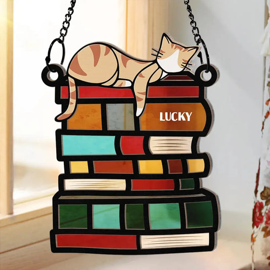 Sleeping Cat On The Books - Personalized Window Hanging Suncatcher Ornament Hanging Suncatcher Ornament The Next Custom Gift