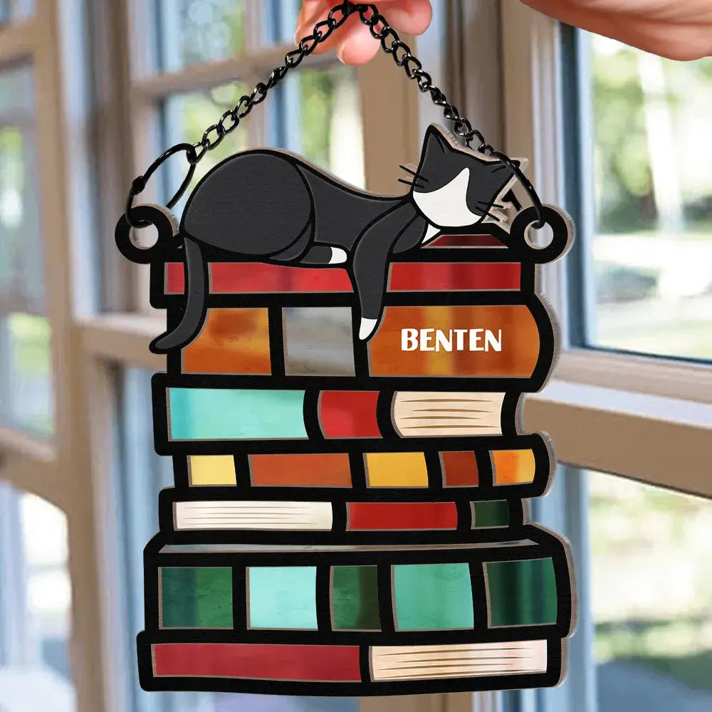 Sleeping Cat On The Books - Personalized Window Hanging Suncatcher Ornament Hanging Suncatcher Ornament The Next Custom Gift