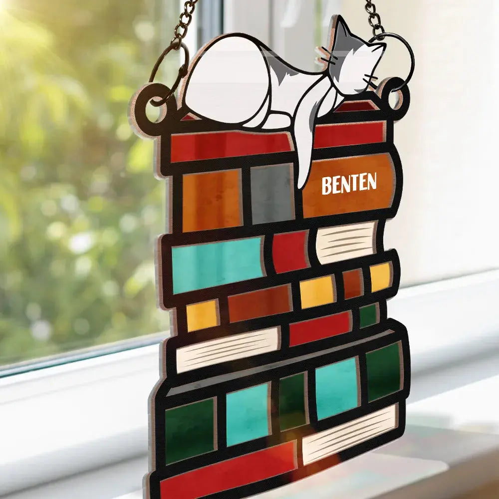 Sleeping Cat On The Books - Personalized Window Hanging Suncatcher Ornament Hanging Suncatcher Ornament The Next Custom Gift