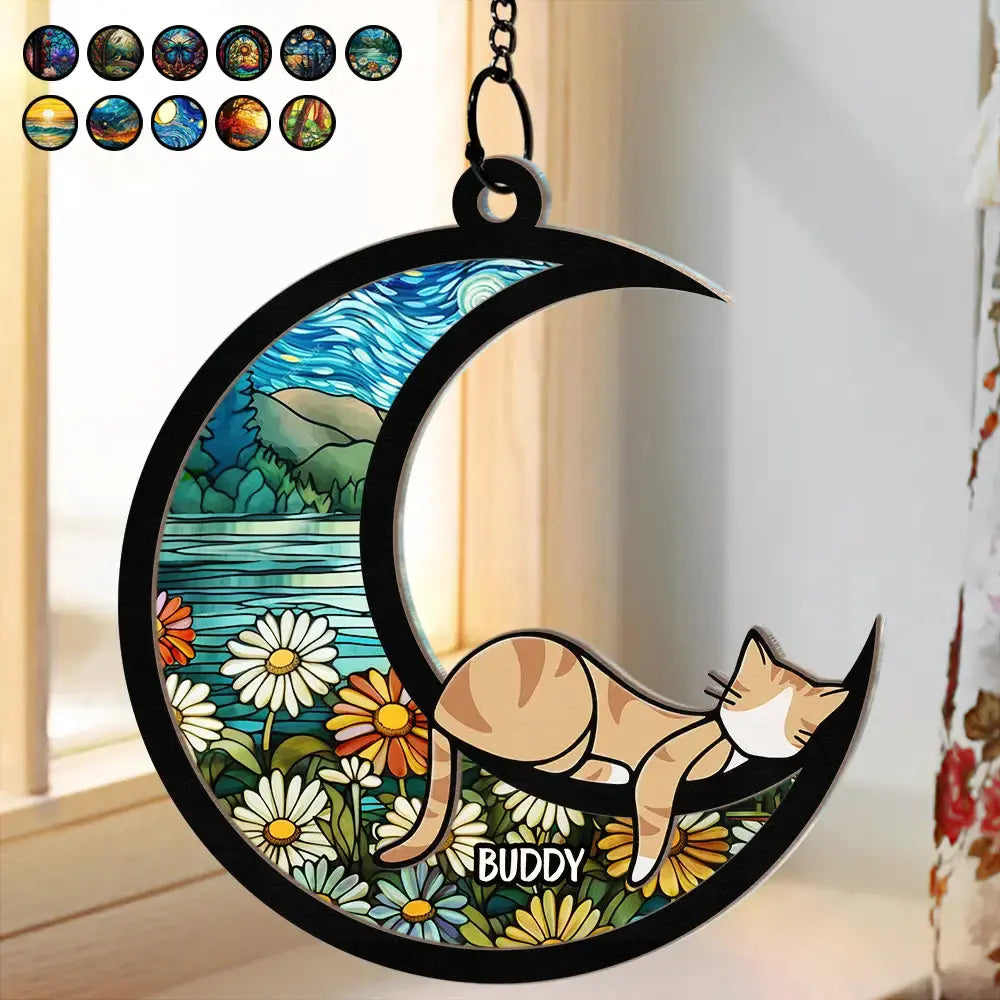 Sleeping Cat On The Moon Ver 2 - Personalized Window Hanging Suncatcher Ornament Hanging Suncatcher Ornament The Next Custom Gift