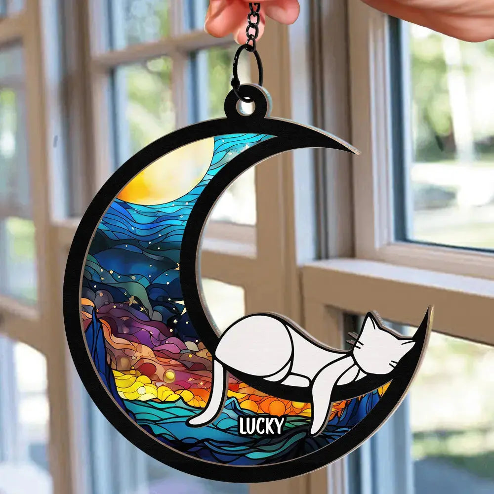 Sleeping Cat On The Moon Ver 2 - Personalized Window Hanging Suncatcher Ornament Hanging Suncatcher Ornament The Next Custom Gift