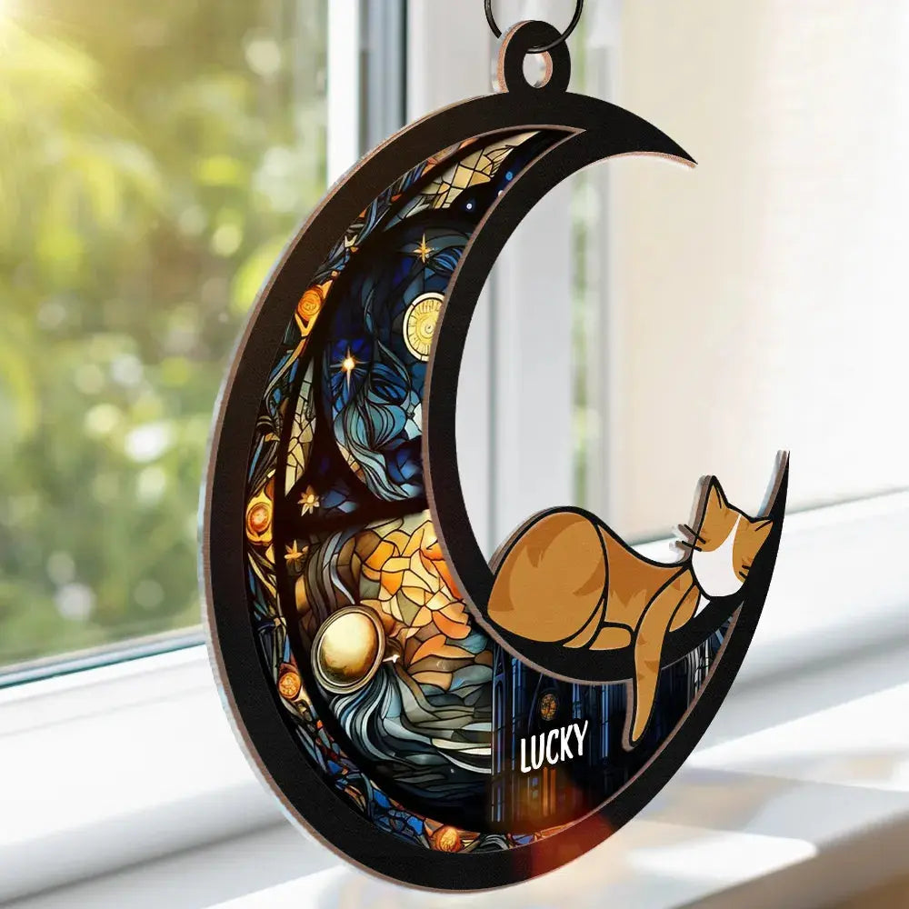 Sleeping Cat On The Moon Ver 2 - Personalized Window Hanging Suncatcher Ornament Hanging Suncatcher Ornament The Next Custom Gift