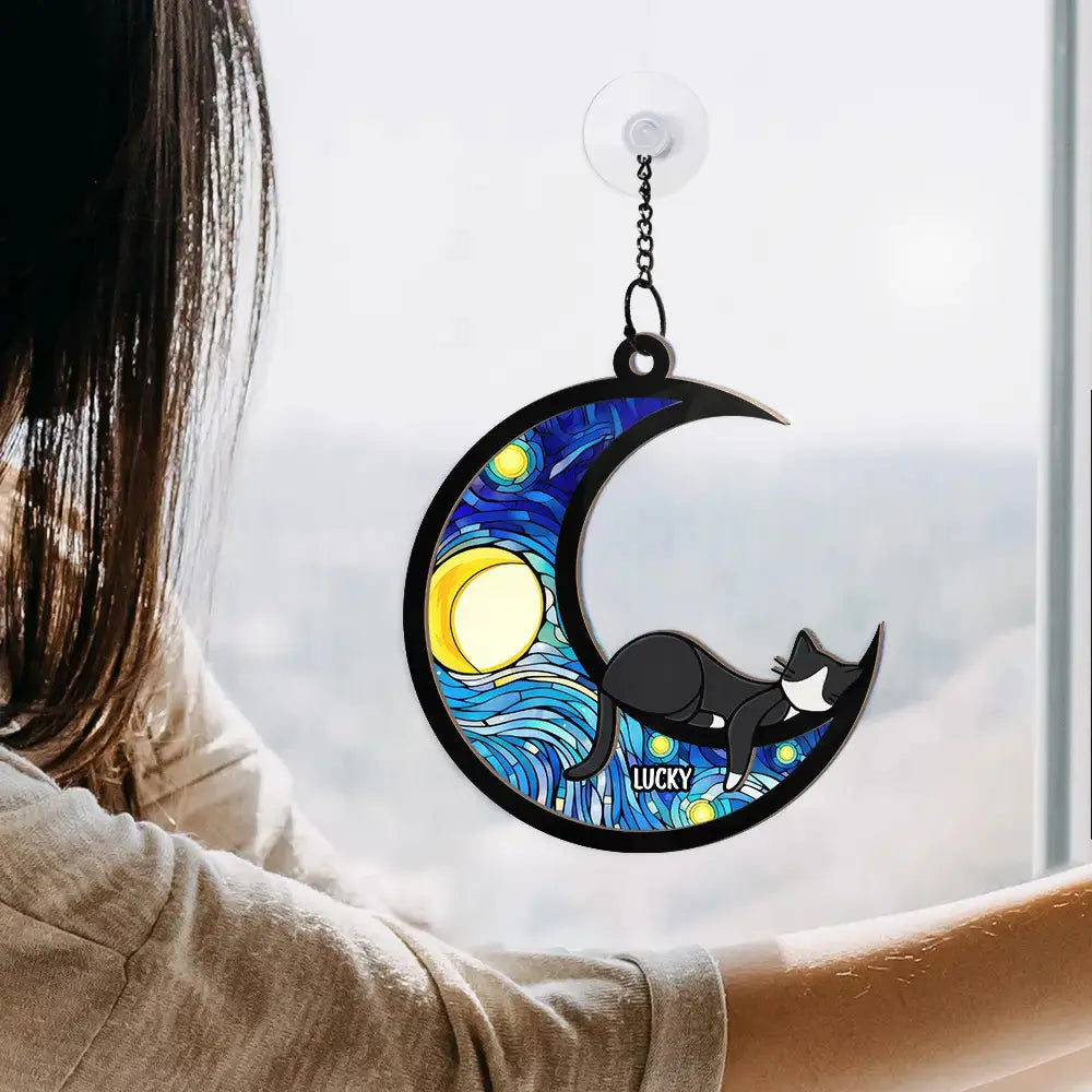 Sleeping Cat On The Moon Ver 2 - Personalized Window Hanging Suncatcher Ornament Hanging Suncatcher Ornament The Next Custom Gift