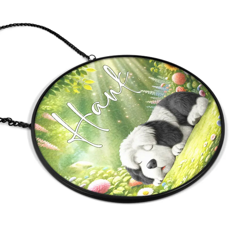 Sleeping Dog In The Garden - Personalized Stained Glass Window Hanging Suncatcher