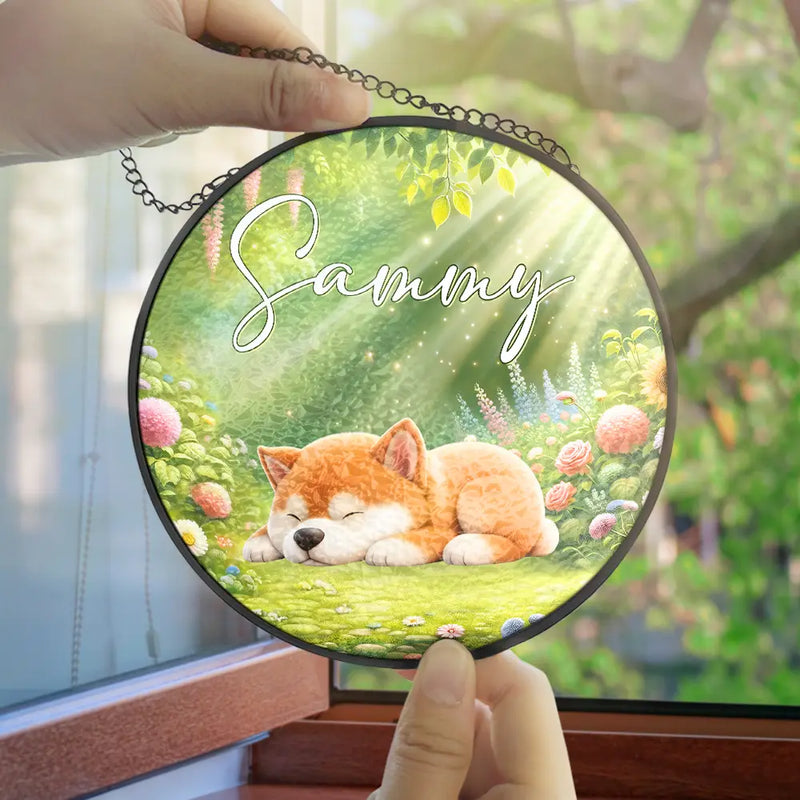 Sleeping Dog In The Garden - Personalized Stained Glass Window Hanging Suncatcher
