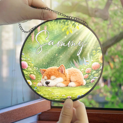 Sleeping Dog In The Garden - Personalized Stained Glass Window Hanging Suncatcher