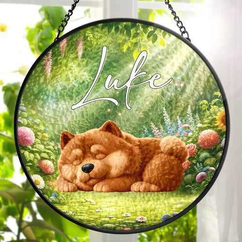 Sleeping Dog In The Garden - Personalized Stained Glass Window Hanging Suncatcher
