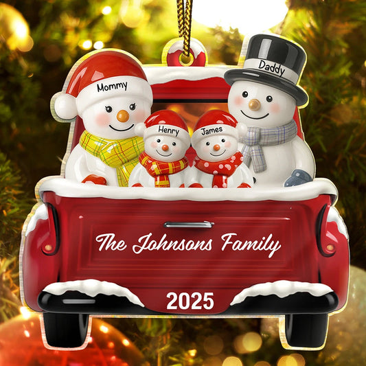 Snowman Family Ceramic Effect Red Truck - Personalized Custom Shaped Acrylic Ornament