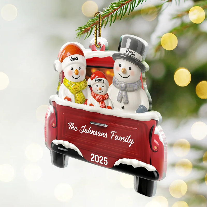 Snowman Family Ceramic Effect Red Truck - Personalized Custom Shaped Acrylic Ornament