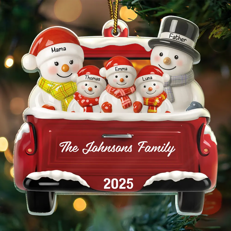 Snowman Family Ceramic Effect Red Truck - Personalized Custom Shaped Acrylic Ornament