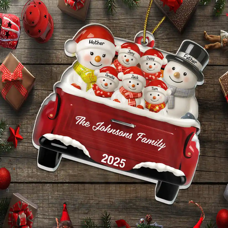 Snowman Family Ceramic Effect Red Truck - Personalized Custom Shaped Acrylic Ornament