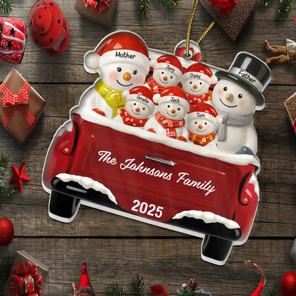 Snowman Family Ceramic Effect Red Truck - Personalized Custom Shaped Acrylic Ornament