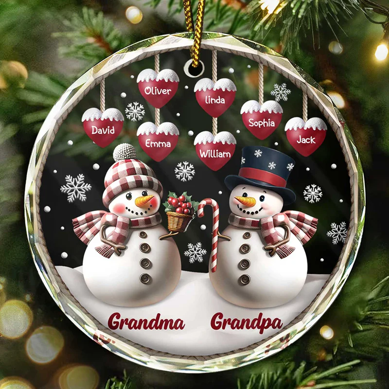 Snowman Grandma Grandpa Grandkids - Personalized Circle Acrylic Ornament