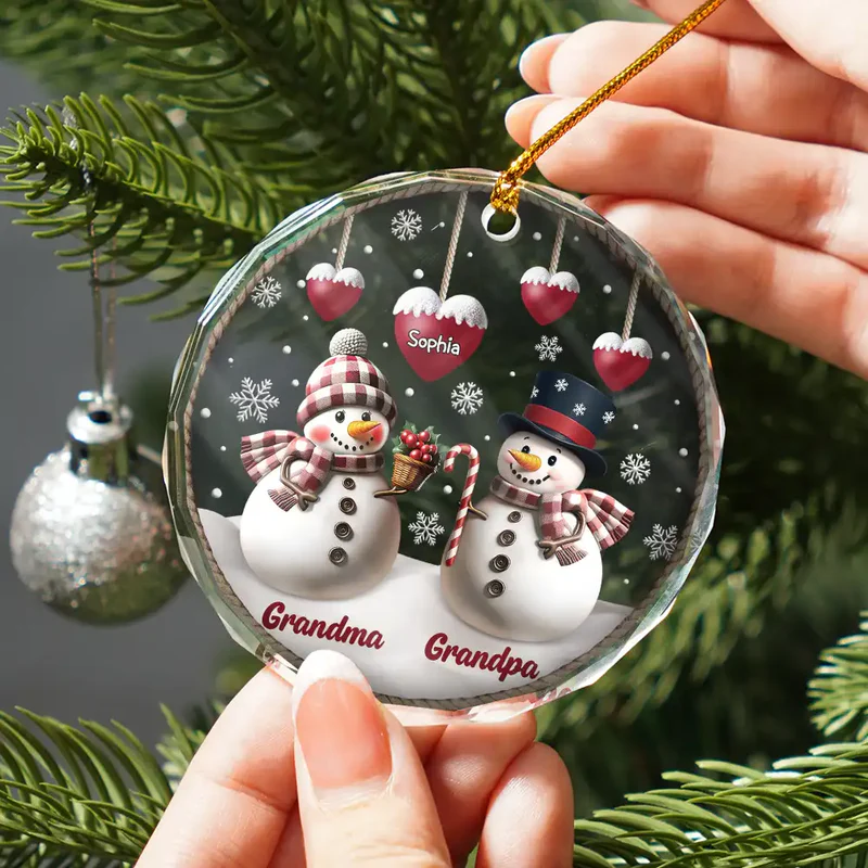 Snowman Grandma Grandpa Grandkids - Personalized Circle Acrylic Ornament