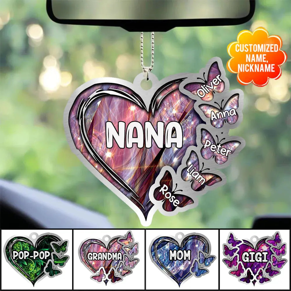 Sparkling Grandma- Mom Heart Butterfly Kids, Multi Colors Personalized Ornament Car Ornament The Next Custom Gift