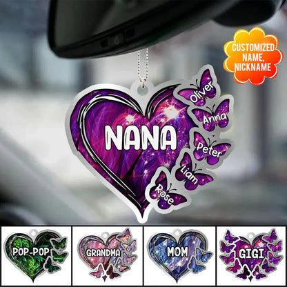 Sparkling Grandma- Mom Heart Butterfly Kids, Multi Colors Personalized Ornament Car Ornament The Next Custom Gift