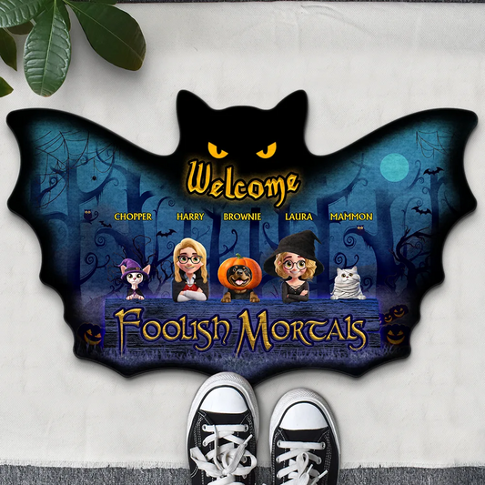 Spooky Wings Welcome Foolish Mortals - Personalized Custom Shaped Doormat