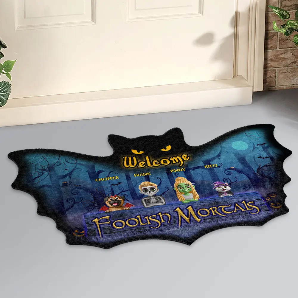 Spooky Wings Welcome Foolish Mortals - Personalized Custom Shaped Doormat