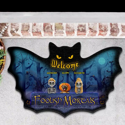 Spooky Wings Welcome Foolish Mortals - Personalized Custom Shaped Doormat