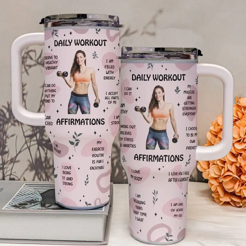 Sport Lovers - Daily Workout Affirmations - Personalized Photo Tumbler With Handle Tumbler With Handle The Next Custom Gift