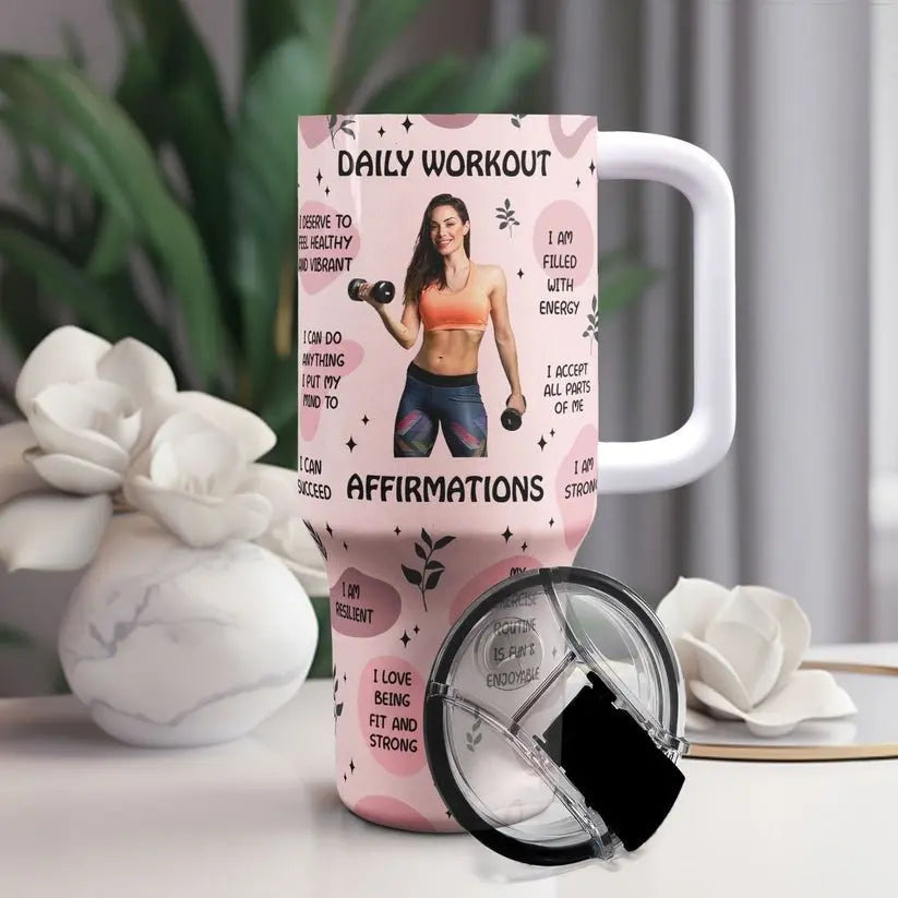 Sport Lovers - Daily Workout Affirmations - Personalized Photo Tumbler With Handle Tumbler With Handle The Next Custom Gift