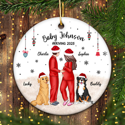 Personalized Pregnancy Ornament, Expecting Family Christmas Personalized Circle Ceramic Ornament, New Mom Christmas Gift