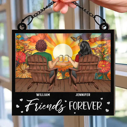 Sunset Besties Sisters Sitting Together - Personalized Window Hanging Suncatcher Ornament Hanging Suncatcher Ornament The Next Custom Gift