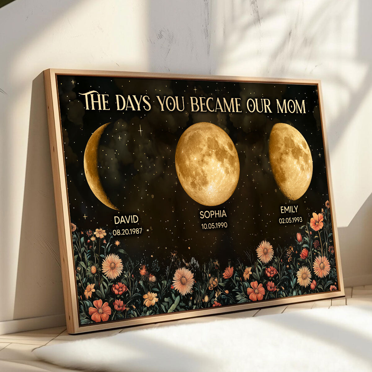 Vintage Flowers The Day You Become Mom Grandma Custom Birth Moon Phase Personalized Poster, Heartfelt 2025 Mother's Day Gift