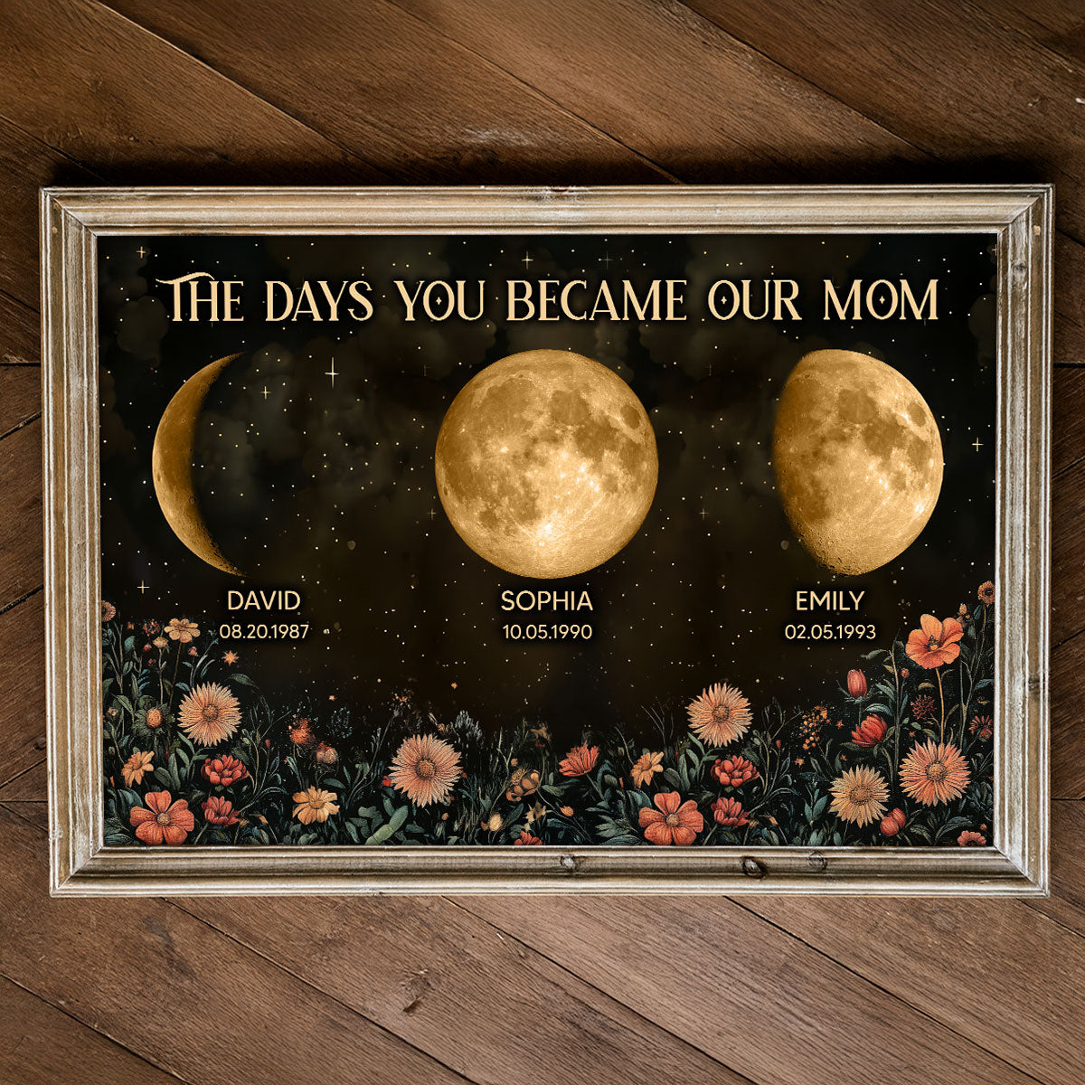 Vintage Flowers The Day You Become Mom Grandma Custom Birth Moon Phase Personalized Poster, Heartfelt 2025 Mother's Day Gift