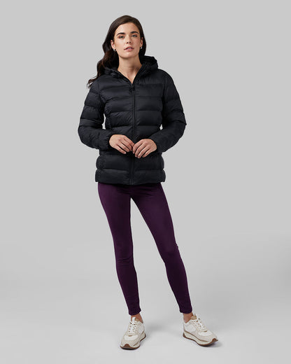 32 Degrees Black _ Women's Poly-Fill Hooded Packable Jacket {model: Katie is 5'10", wearing size S}{bottom}{right} {bottom}{right}