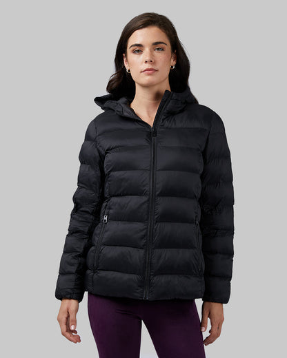 32 Degrees Black _ Women's Poly-Fill Hooded Packable Jacket {model: Katie is 5'10", wearing size S}{bottom}{right} {bottom}{right}