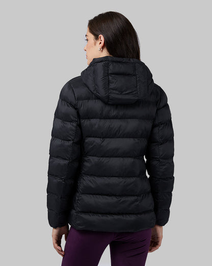 32 Degrees Black _ Women's Poly-Fill Hooded Packable Jacket {model: Katie is 5'10", wearing size S}{bottom}{right} {bottom}{right}